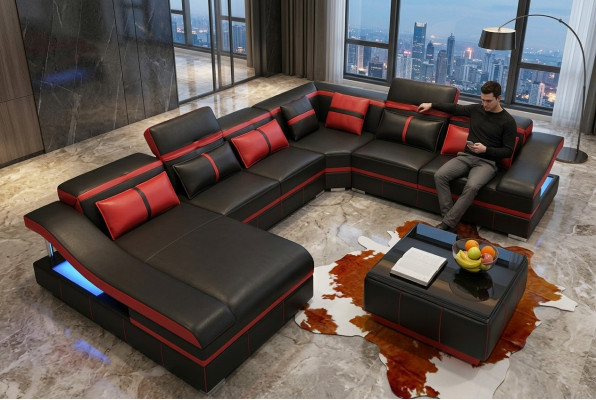 Set Luxus Modern Ecksofa U-Form Designer an Dësch Lounge Wunnzëmmer