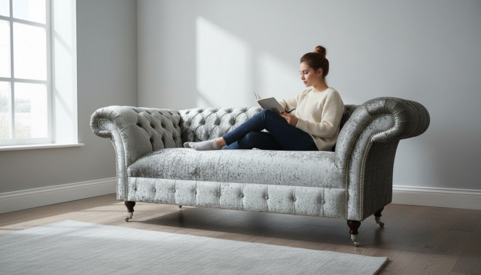 Sofa 2 Sëtzer Chesterfield Canapé Polster Samt Stoff Zweisëtzer Samt Grau Sëlwer
