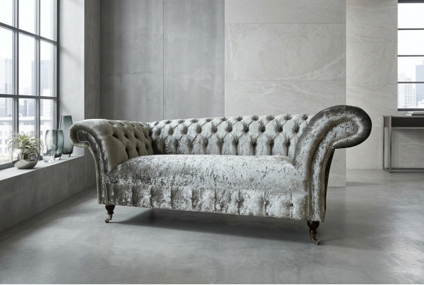 Sofa 2 Sëtzer Chesterfield Canapé Polster Samt Stoff Zweisëtzer Samt Grau Sëlwer