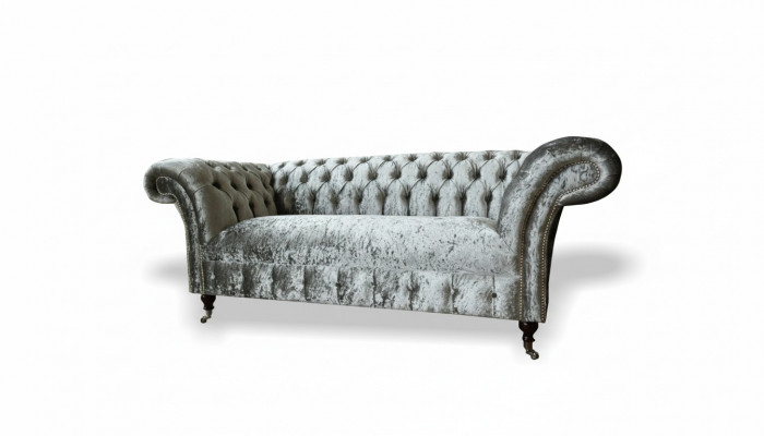 Sofa 2 Sëtzer Chesterfield Canapé Polster Samt Stoff Zweisëtzer Samt Grau Sëlwer