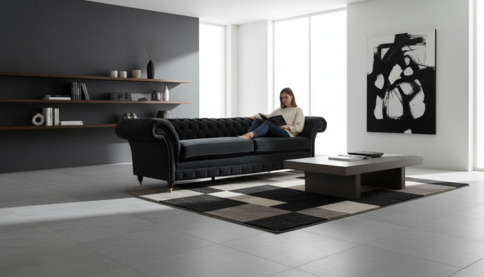 Grouss Sofa 4-Sëtzer Canapé Chesterfield Polstersetzer Lieder Textil Schwaarz