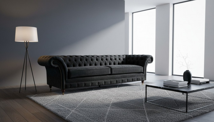 Grouss Sofa 4-Sëtzer Canapé Chesterfield Polstersetzer Lieder Textil Schwaarz