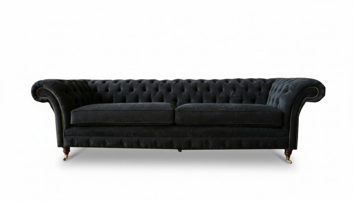 Grouss Sofa 4-Sëtzer Canapé Chesterfield Polstersetzer Lieder Textil Schwaarz