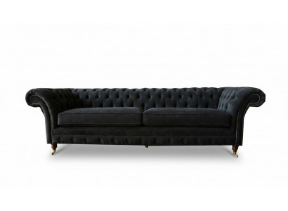 Grouss Sofa 4-Sëtzer Canapé Chesterfield Polstersetzer Lieder Textil Schwaarz