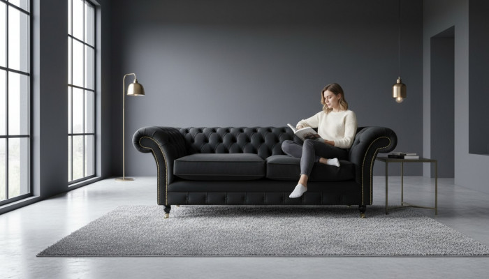 Chesterfield Canapé Polstersofa Klassesch Textil Schwaarz Sofa 3-sëtzeger