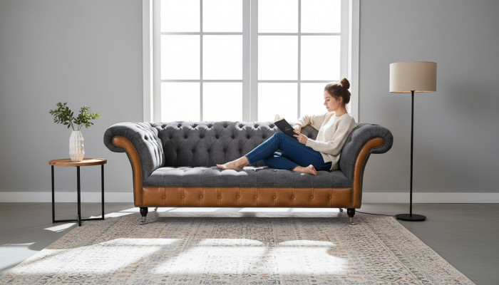 Chesterfield Sofa Couch Polster 3 Sëtzer Gro Textil Stoff Gri Couchen