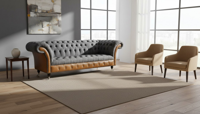 Chesterfield Sofa Couch Polster 3 Sëtzer Gro Textil Stoff Gri Couchen
