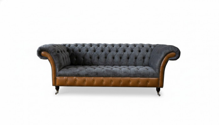 Chesterfield Sofa Couch Polster 3 Sëtzer Gro Textil Stoff Gri Couchen