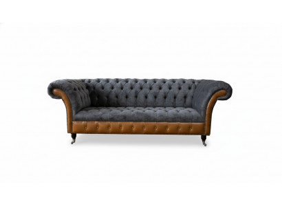 Chesterfield Sofa Couch Polster 3 Sëtzer Gro Textil Stoff Gri Couchen