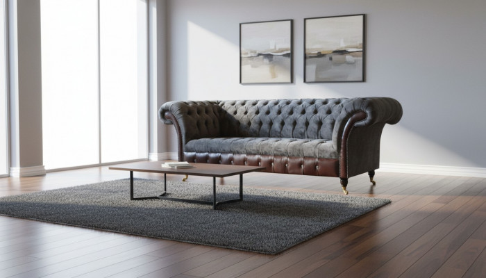 Chesterfield 3-Sëtzer Wunnzëmmer Canapé Sofa Polster Sëtz Textil Stoff