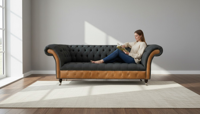 Stoff Canapé Wunnlandschaft 3 Sëtz Design Sofa Sofae Canapéë Gro Chesterfield