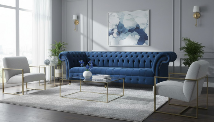 Design Sofa 4-er Couch Textil Polster Blo Klassesch Sofaen Chesterfield Nei