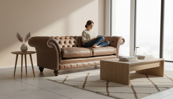 Design Sofa 3er Canapé Textil Polster Braun Klassesch Sofasen Chesterfield Nei