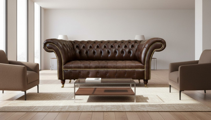 Chesterfield Samt Designer Sofa 2 Sëtzer Couch Stoff Lieder Garnitur Brong Nei