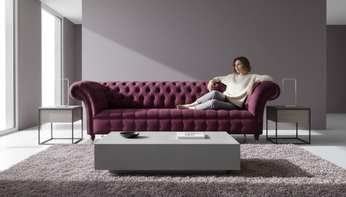 Sofa 3 Sëtzer Chesterfield Sofas Couchen Wunnzëmmer Design Textil Stoff Bordeaux