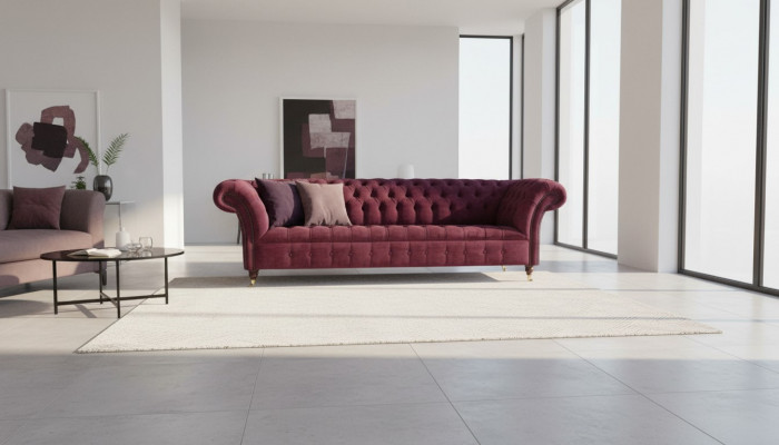 Sofa 3 Sëtzer Chesterfield Sofas Couchen Wunnzëmmer Design Textil Stoff Bordeaux