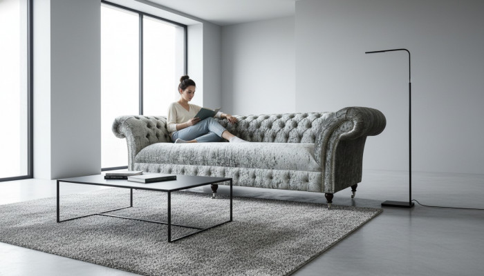 Chesterfield Polster Canapé Stoff Couchen Sofa Sëtz Garnitur Samt Sëlwer 4 Sëtz