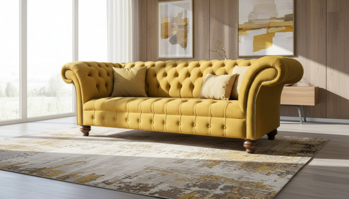 xxl Sofa Canapé Chesterfield 225cm Polster Sofa 3 Sëtzer Lieder Textil Stoff Nei
