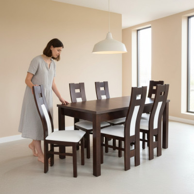 Komplettset Iessdësch 6x Still Iesszëmmer Iessgruppe Holzdëscher 7-Teile Massivholz