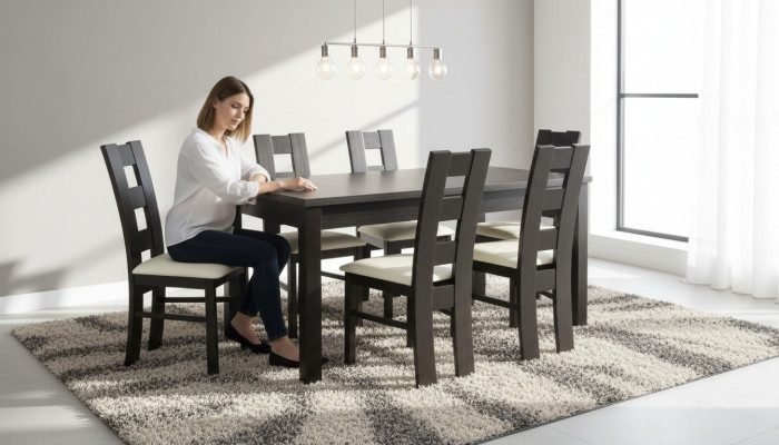 Iesszëmmer Design Miwwelen Stullgrupp Dësch 6 Lehnstill Set Garnitur Neit 7 deeler.