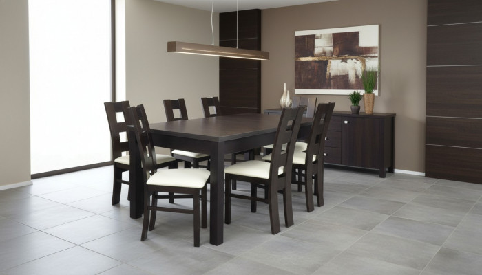 Iesszëmmer Design Miwwelen Stullgrupp Dësch 6 Lehnstill Set Garnitur Neit 7 deeler.