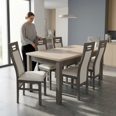 Massiv Holz Fauteuil Miwwelen Holz Dësch Sëtz Iess Sall 6x Still 7-Teile Set Garnitur