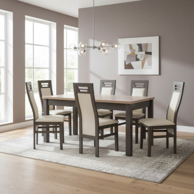 Massiv Holz Fauteuil Miwwelen Holz Dësch Sëtz Iess Sall 6x Still 7-Teile Set Garnitur