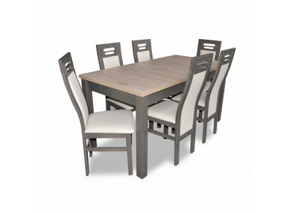 Massiv Holz Fauteuil Miwwelen Holz Dësch Sëtz Iess Sall 6x Still 7-Teile Set Garnitur