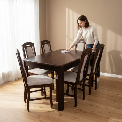 Klassesch Iesszëmmer Miwwel Iessgeschir Dësch Holz Komplett Set 7 stéck Iessgrupp