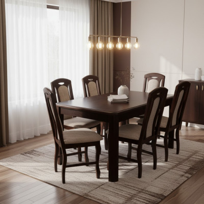 Klassesch Iesszëmmer Miwwel Iessgeschir Dësch Holz Komplett Set 7 stéck Iessgrupp