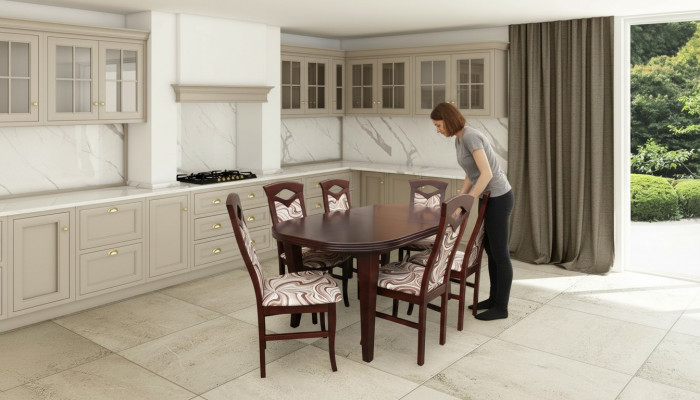 Modern 7-deel-Esszëmmer-Set Klasseschen Dësch 6x Stull Stull Gruppe