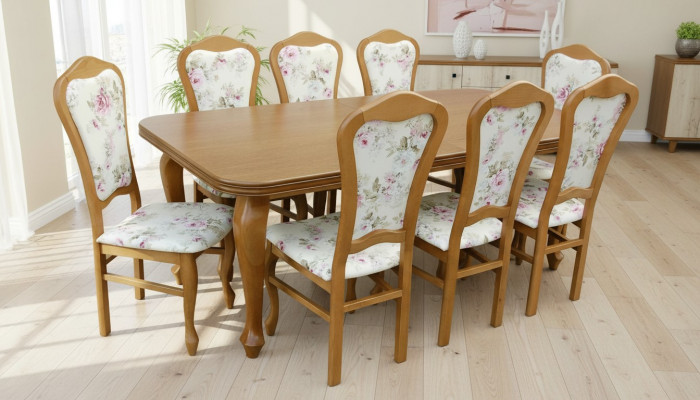 Komplett Set Iessdësch + 8 Still Iesszëmmer Set Iess Grupp Holz Dësch Dëscher 9tlg