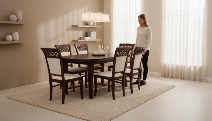 Modernen Design Iesszëmmer Set Garnitur Stull Dësch Lehnstull Grupp 7tlg. Miwwelen