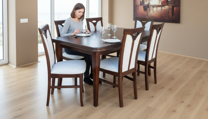 Klassesch Iesszëmmer Miwwelen Iessgrupp Léinestull Dësch Grupp 7tlg. Set Modern.