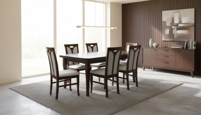Klassesch Iesszëmmer Miwwelen Iessgrupp Léinestull Dësch Grupp 7tlg. Set Modern.