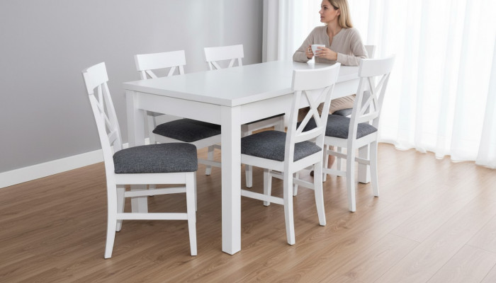 Moderne antik Stil Iesszëmmer Set Holz Metall Dësch Iessgarnitur 6x Still Stull