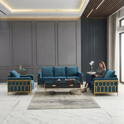 Blo Stol aus Edelstahl Set 3+2 Sëtzer Gepolstert Couchen Modern Wunnzëmmer Sofaen