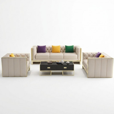 Beige Chesterfield Sofagarnitur 3+2 Sëtzer Polstersofas Lieder Wunnzëmmer Garnitur