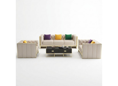 Beige Chesterfield Sofagarnitur 3+2 Sëtzer Polstersofas Lieder Wunnzëmmer Garnitur