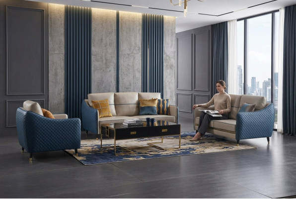 Blo-Béisch Sofagarnitur 3+2 Liederstill Set Design Polstercouchen Deko Miwwelen