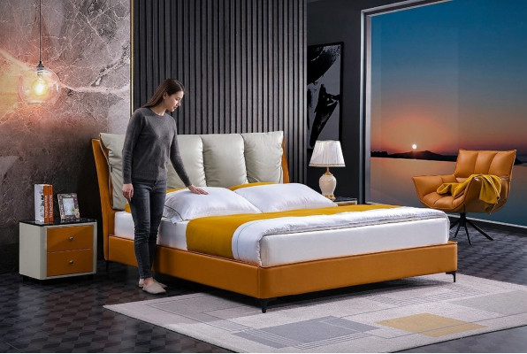 Edel Bett 3-Stéck Set Nuetsdësch Miwwelen Schlofzëmmer Luxus Matrass Bettgestell Nei