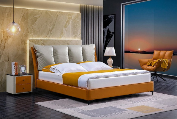 Edel Bett 3-Stéck Set Nuetsdësch Miwwelen Schlofzëmmer Luxus Matrass Bettgestell Nei