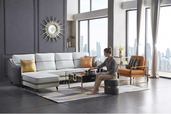 Moderne Canapé Ecksofa L Form Dësch Pouf Ecksofa Polster Pouf