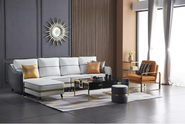Moderne Canapé Ecksofa L Form Dësch Pouf Ecksofa Polster Pouf