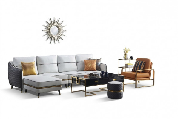 Moderne Canapé Ecksofa L Form Dësch Pouf Ecksofa Polster Pouf