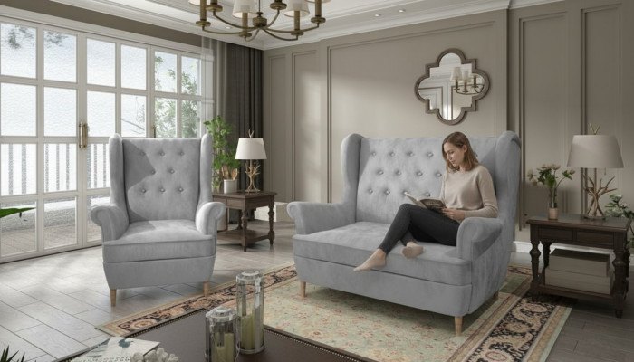 Grau Stoff Chesterfield Sofagarnitur 2+1 Sëtz Sofa Couch Polster Samett
