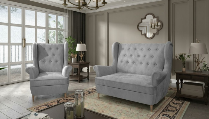 Grau Stoff Chesterfield Sofagarnitur 2+1 Sëtz Sofa Couch Polster Samett