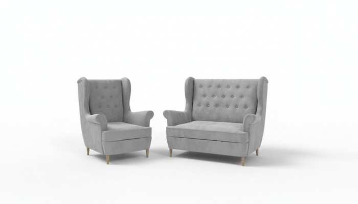 Grau Stoff Chesterfield Sofagarnitur 2+1 Sëtz Sofa Couch Polster Samett
