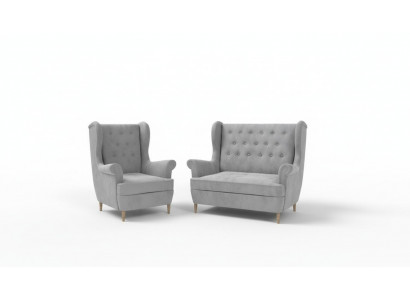 Grau Stoff Chesterfield Sofagarnitur 2+1 Sëtz Sofa Couch Polster Samett