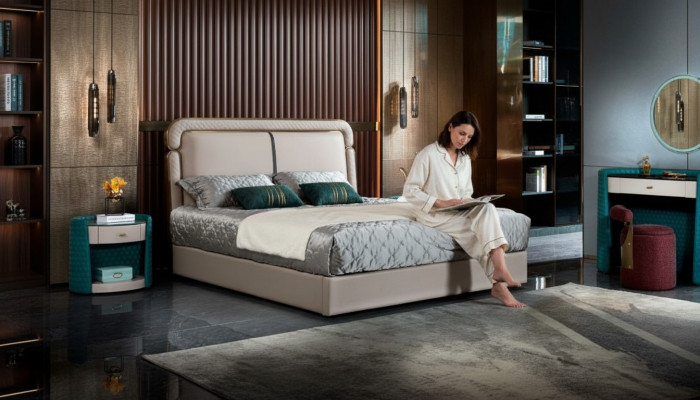 Bett 2x Nuetsdësch Beige Schlofkummer Modern Design Miwwelen Holz Luxus
